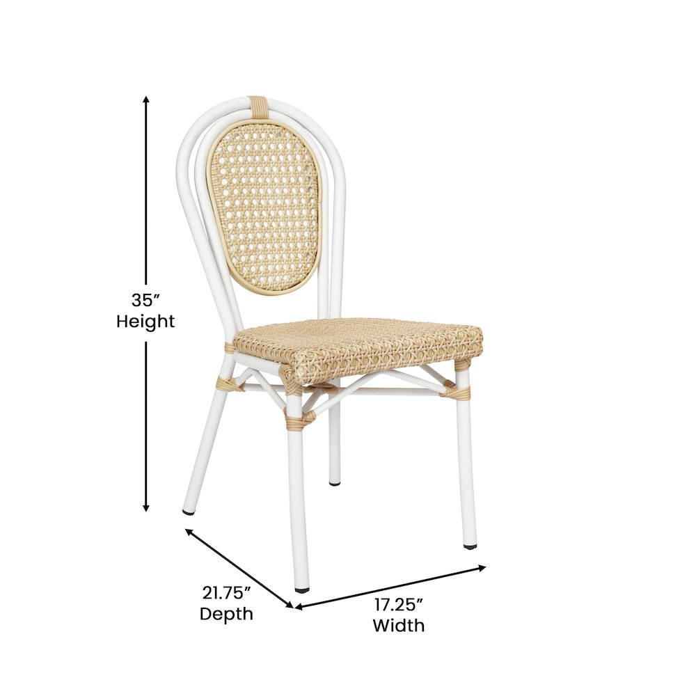 Bistro Stacking Chair, Natural PE Cane Rattan and White Aluminum Frame. Picture 5