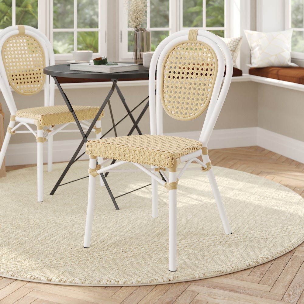 Bistro Stacking Chair, Natural PE Cane Rattan and White Aluminum Frame. Picture 3