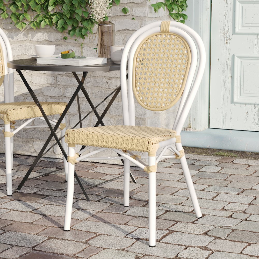 Bistro Stacking Chair, Natural PE Cane Rattan and White Aluminum Frame. Picture 6