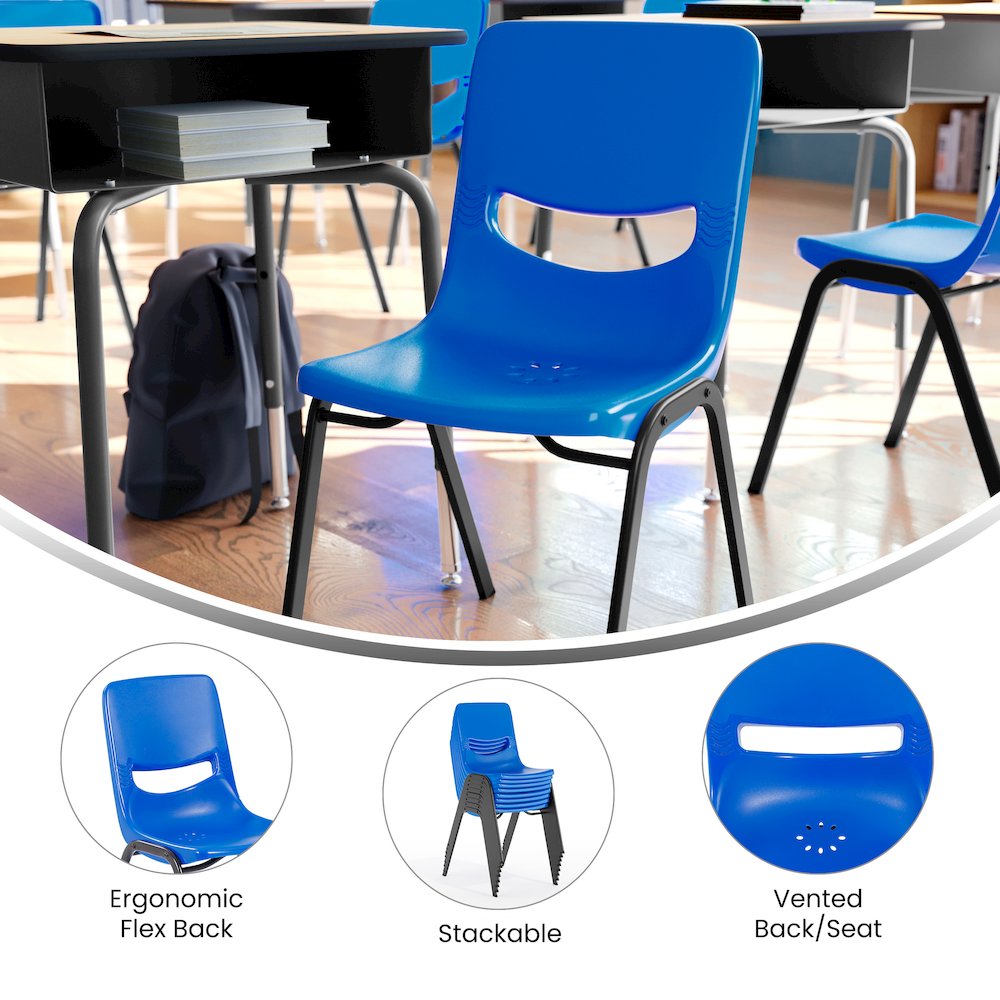 Classroom Stack Chair with Powder-Coated Frame and Navy Ergonomic Back and Seat. Picture 4