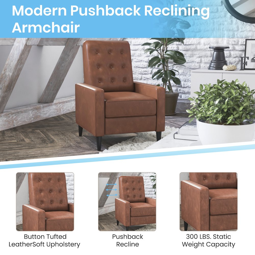 Upholstered Button Tufted Pushback Recliner in Cognac Brown for Residential, Use. Picture 4