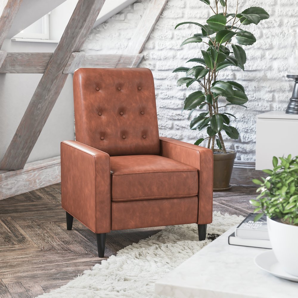 Upholstered Button Tufted Pushback Recliner in Cognac Brown for Residential, Use. Picture 2