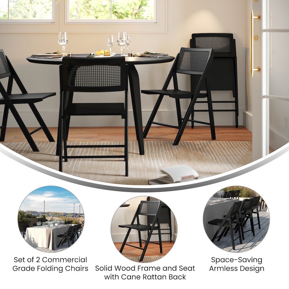 Set of 2 Commercial Cane Rattan Folding Dining and Event Chairs, Black. Picture 5