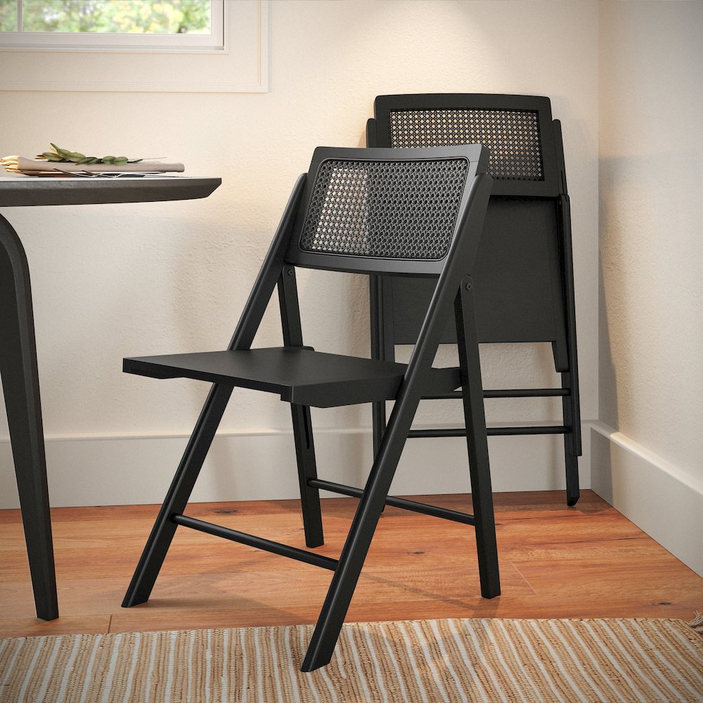 Set of 2 Commercial Cane Rattan Folding Dining and Event Chairs, Black. Picture 8
