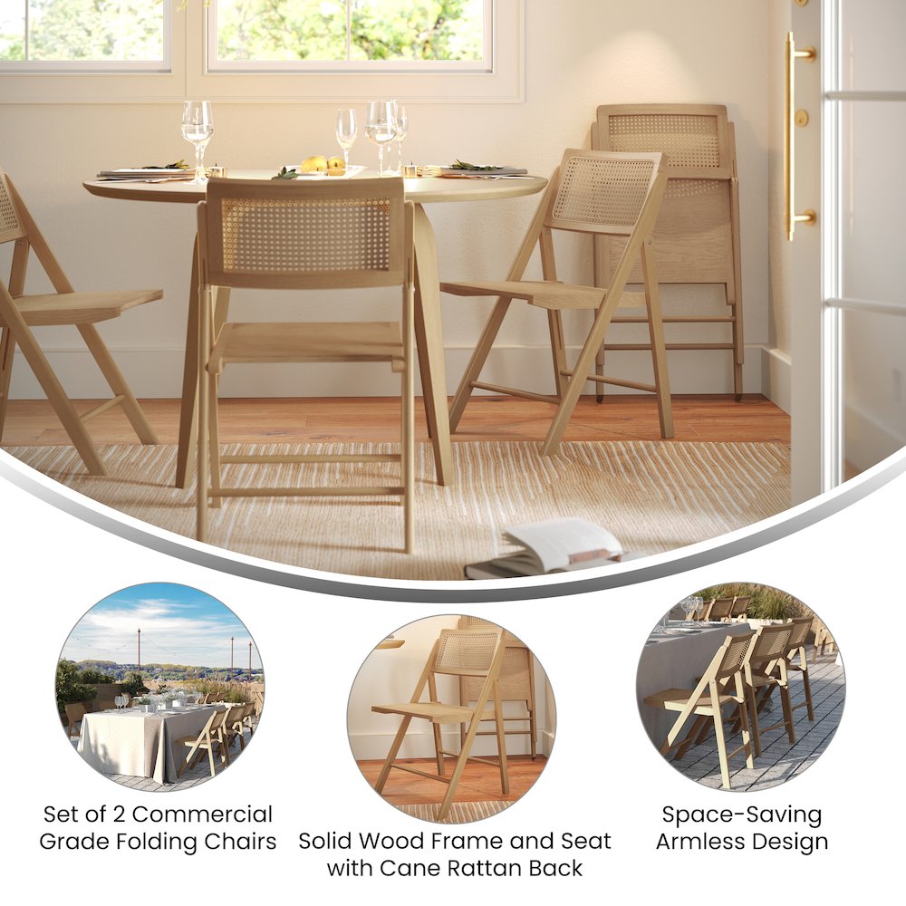 Set of 2 Commercial Cane Rattan Folding Dining and Event Chairs, Natural. Picture 5