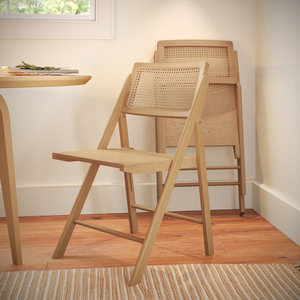 Set of 2 Commercial Cane Rattan Folding Dining and Event Chairs, Natural. Picture 8
