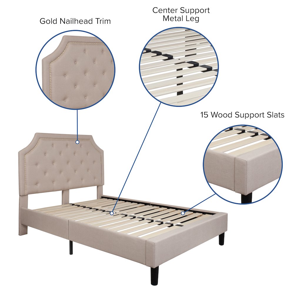 Full Size Tufted Upholstered Platform Bed in Beige Fabric. Picture 4