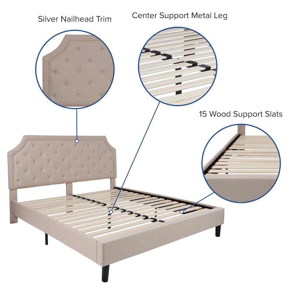 King Size Tufted Upholstered Platform Bed in Beige Fabric. Picture 5
