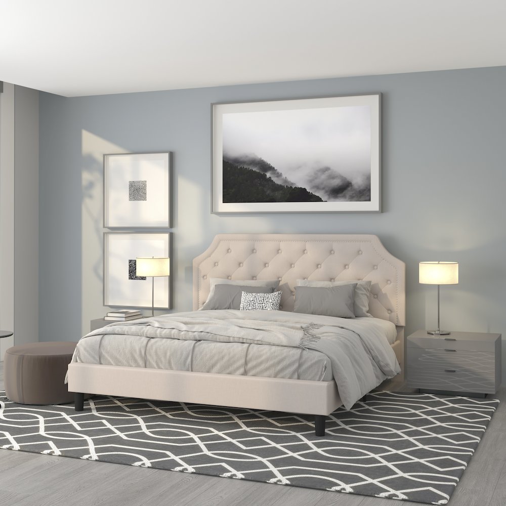 King Size Tufted Upholstered Platform Bed in Beige Fabric. Picture 2