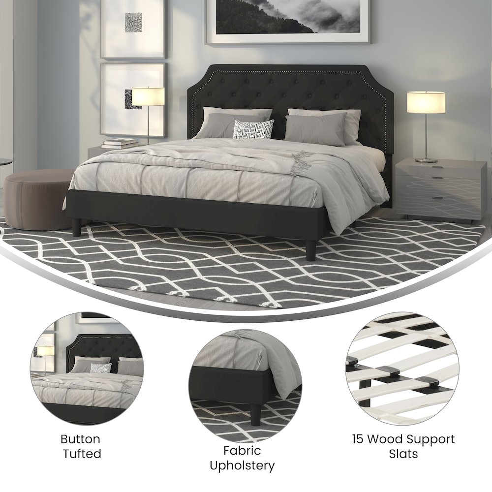 King Size Tufted Upholstered Platform Bed in Black Fabric. Picture 4