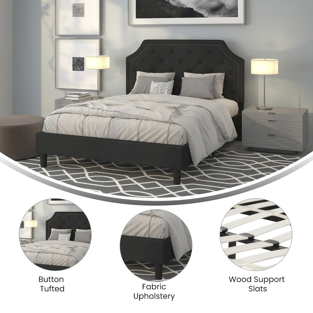 Queen Size Tufted Upholstered Platform Bed in Black Fabric. Picture 4