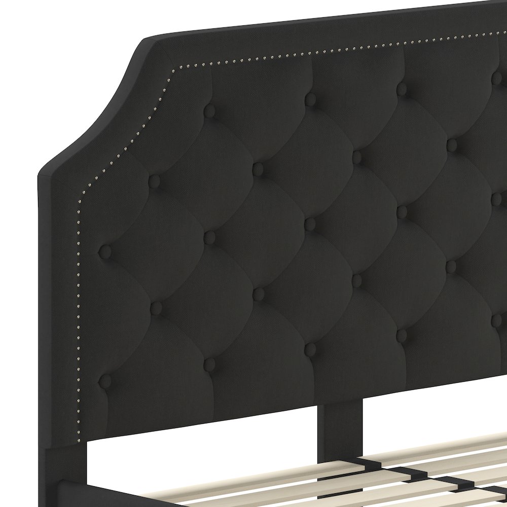 Queen Size Tufted Upholstered Platform Bed in Black Fabric. Picture 7
