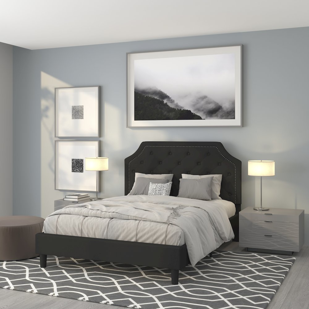 Queen Size Tufted Upholstered Platform Bed in Black Fabric. Picture 2