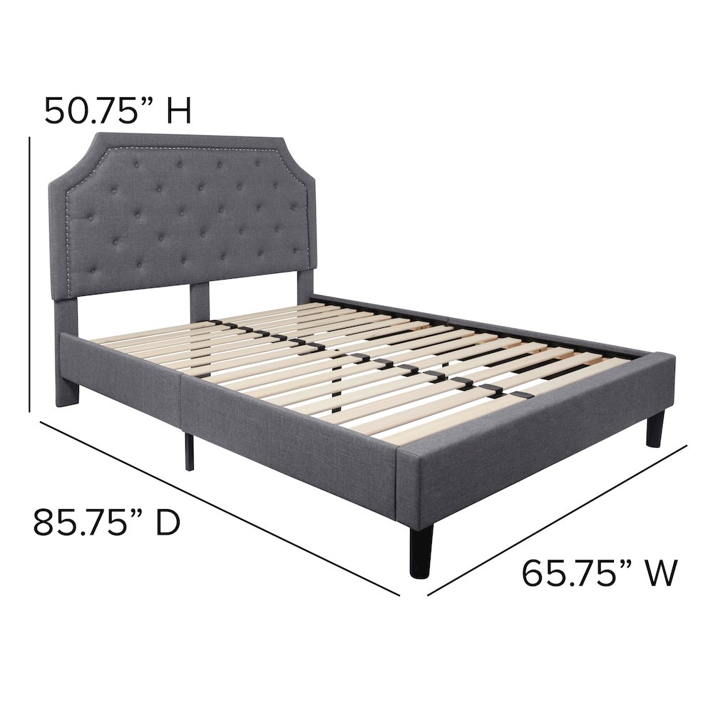 Queen Size Tufted Upholstered Platform Bed in Light Gray Fabric. Picture 5