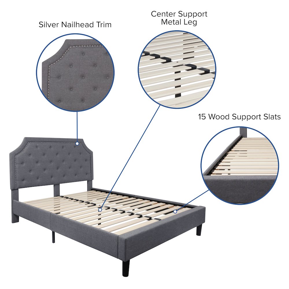 Queen Size Tufted Upholstered Platform Bed in Light Gray Fabric. Picture 4