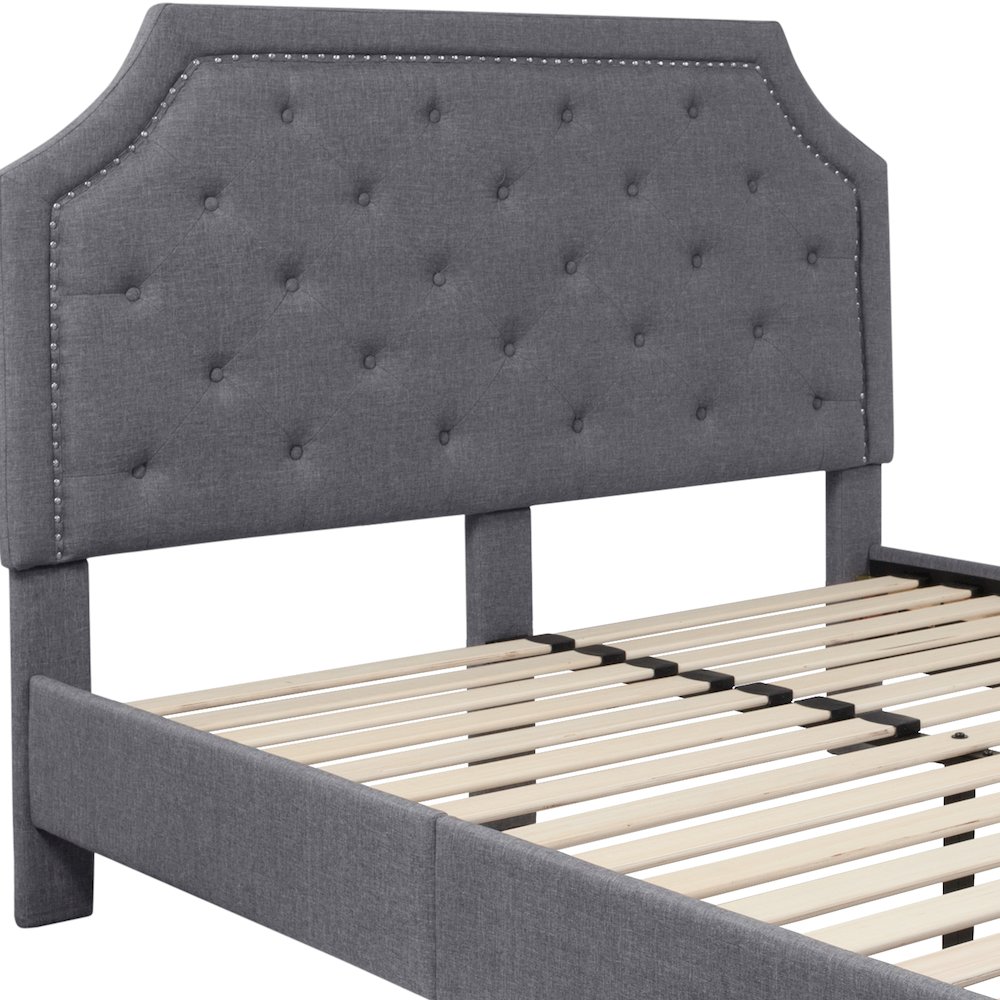 Queen Size Tufted Upholstered Platform Bed in Light Gray Fabric. Picture 6