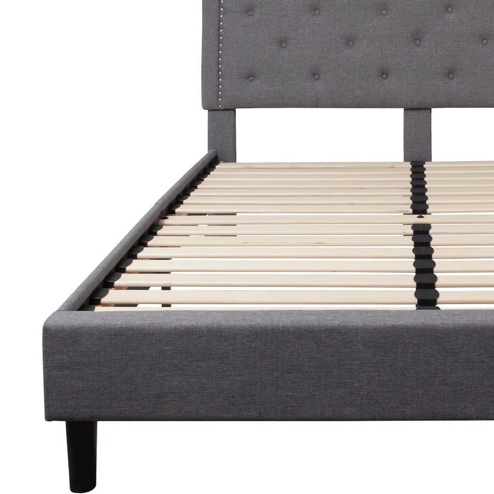 Queen Size Tufted Upholstered Platform Bed in Light Gray Fabric. Picture 10