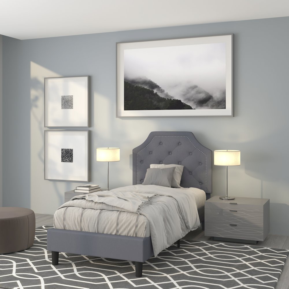 Twin Size Arched Tufted Upholstered Platform Bed in Light Gray Fabric. Picture 4