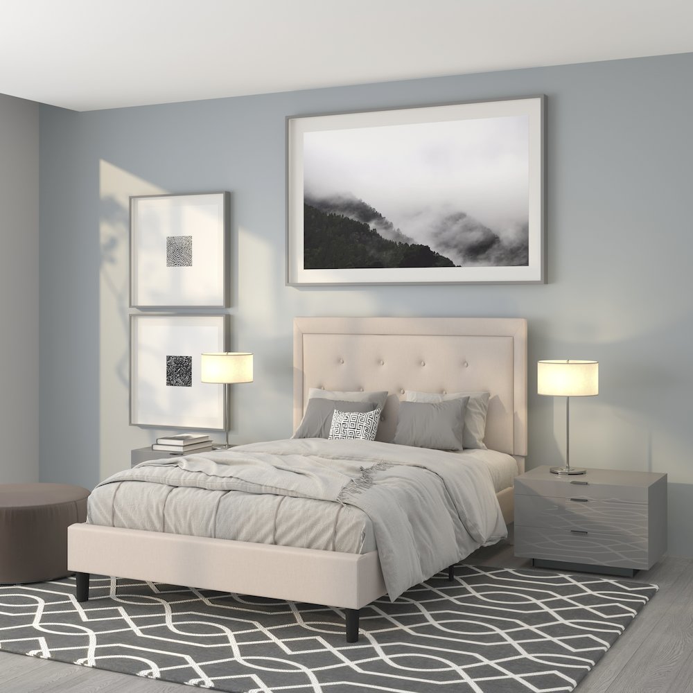 Full Size Tufted Upholstered Platform Bed in Beige Fabric. Picture 2