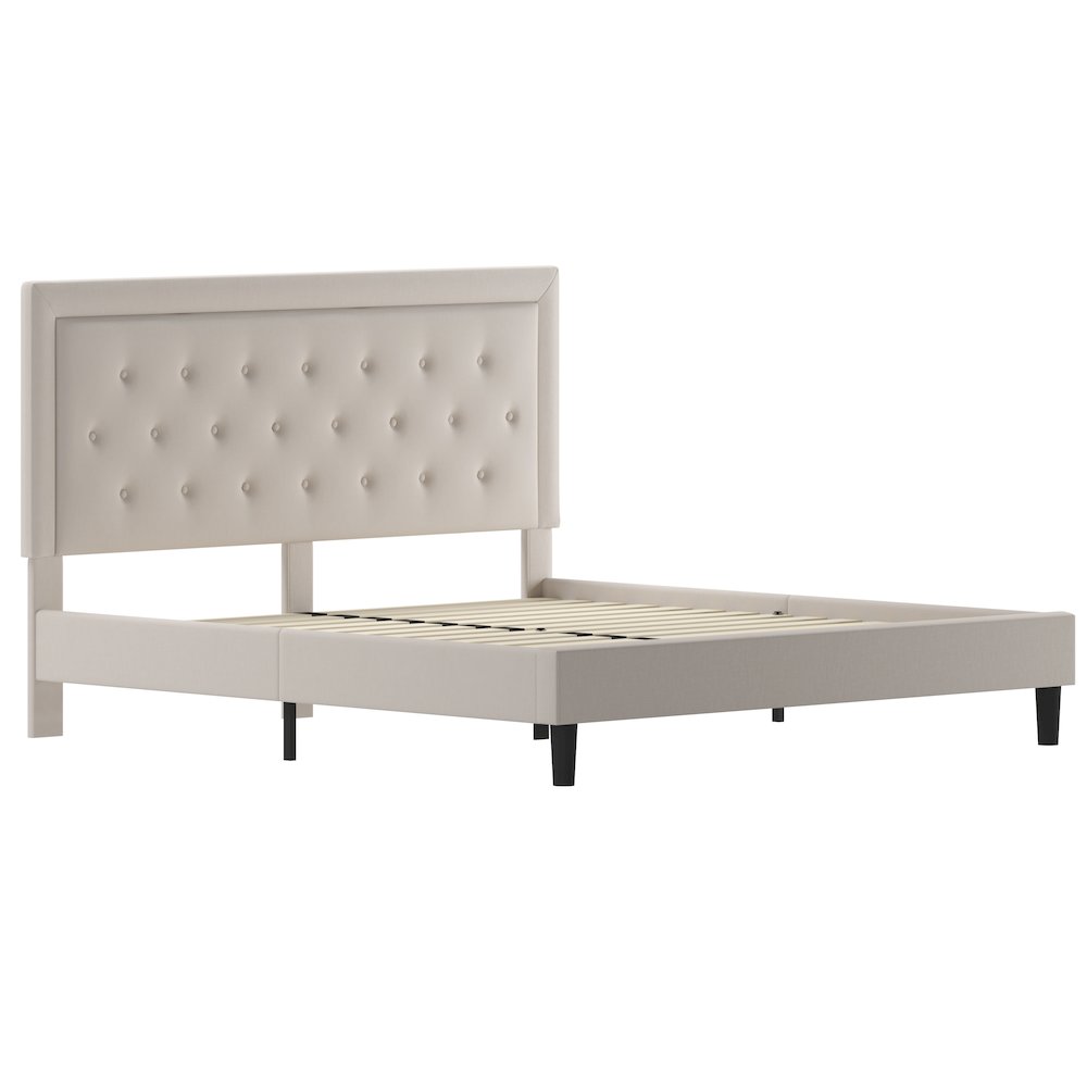 King Size Tufted Upholstered Platform Bed in Beige Fabric. Picture 1