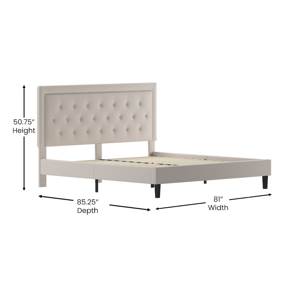 King Size Tufted Upholstered Platform Bed in Beige Fabric. Picture 5