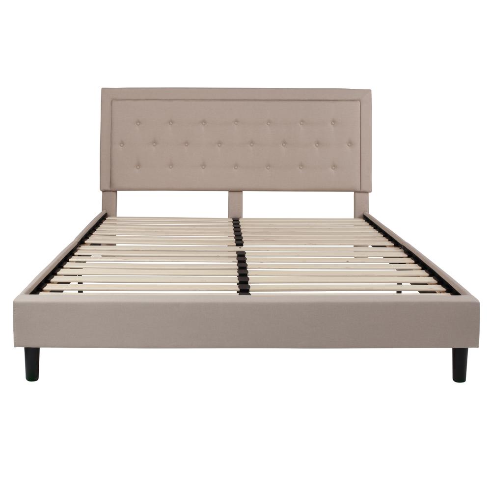 King Size Panel Tufted Upholstered Platform Bed in Beige Fabric. Picture 3