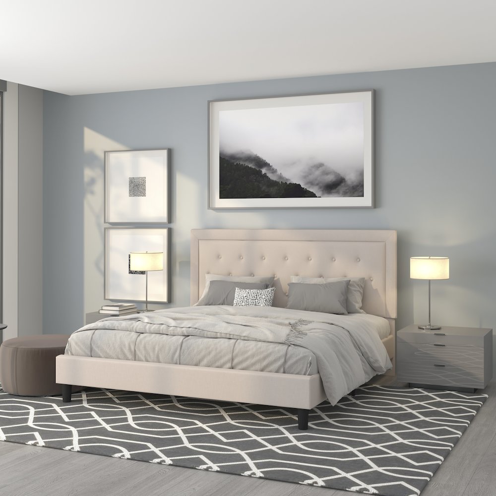 King Size Tufted Upholstered Platform Bed in Beige Fabric. Picture 2