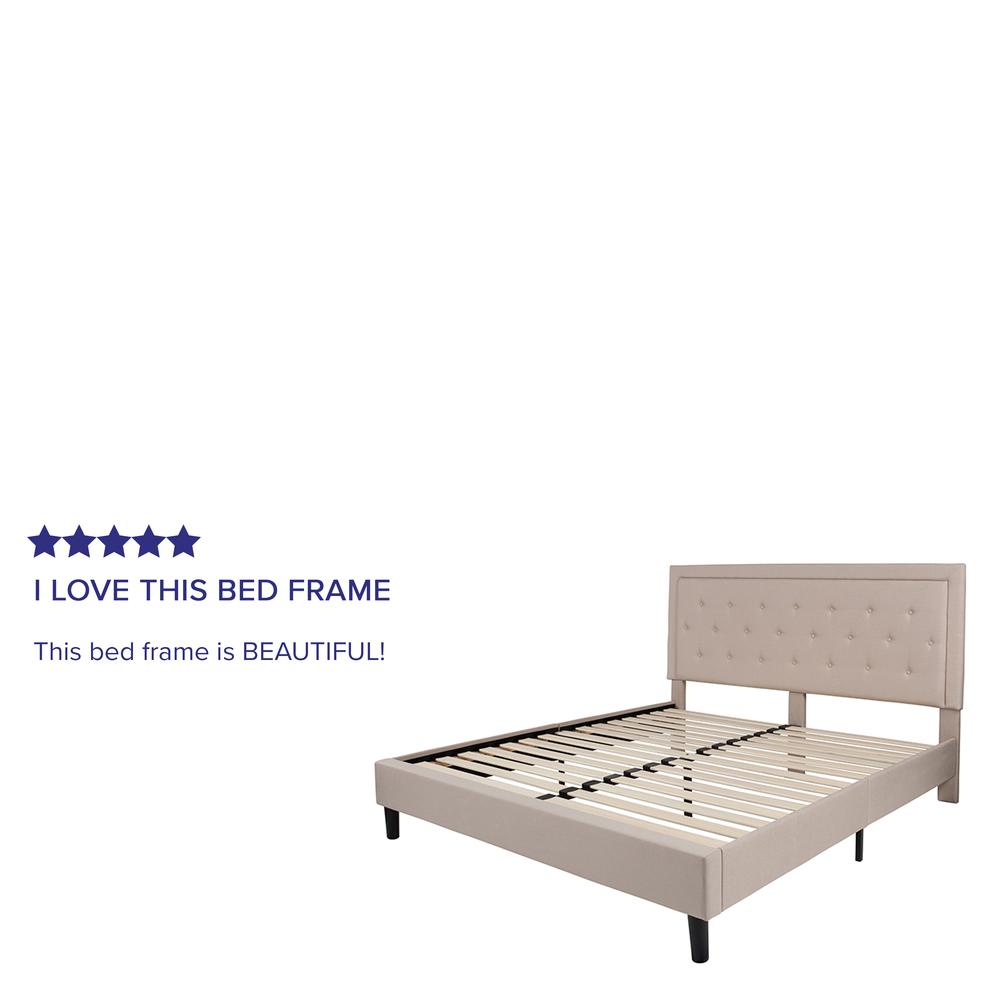 King Size Panel Tufted Upholstered Platform Bed in Beige Fabric. Picture 5