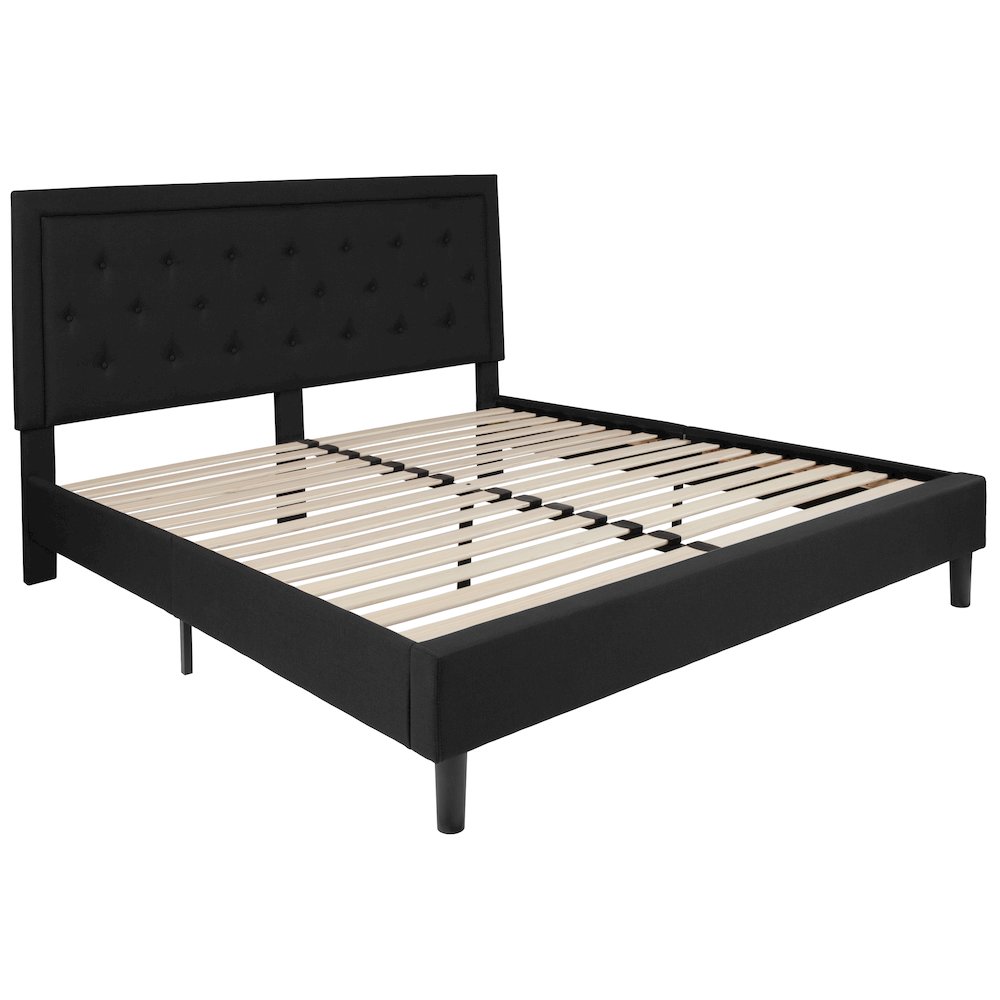King Size Tufted Upholstered Platform Bed in Black Fabric. Picture 1