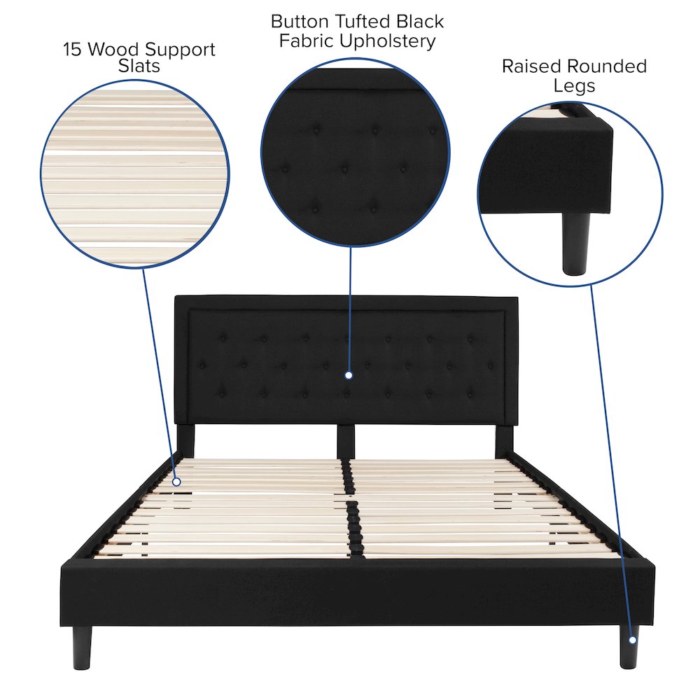 King Size Tufted Upholstered Platform Bed in Black Fabric. Picture 5
