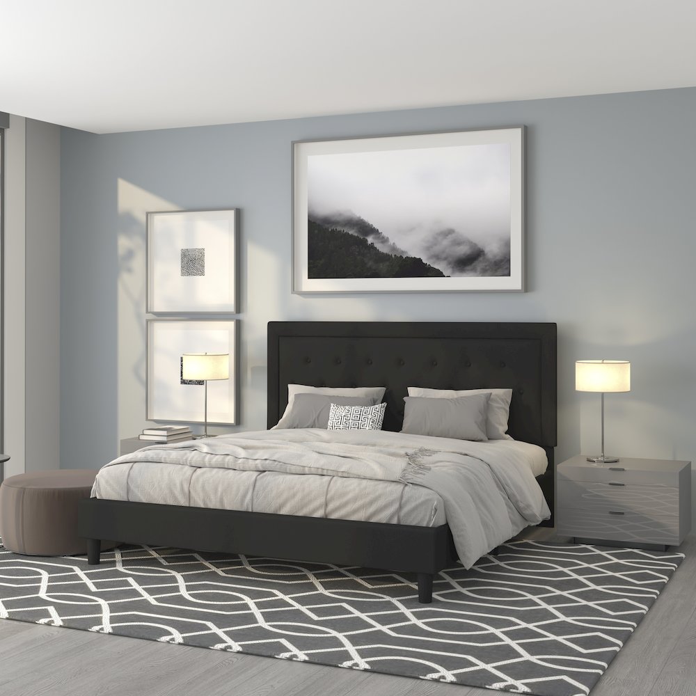 King Size Tufted Upholstered Platform Bed in Black Fabric. Picture 2