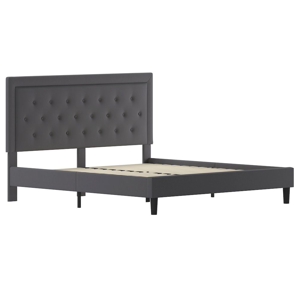 King Size Tufted Upholstered Platform Bed in Dark Gray Fabric. Picture 1