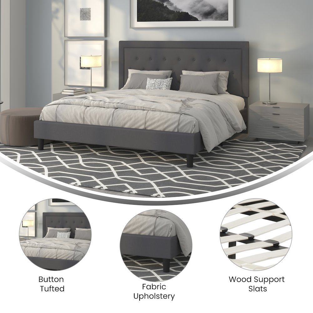 King Size Tufted Upholstered Platform Bed in Dark Gray Fabric. Picture 4