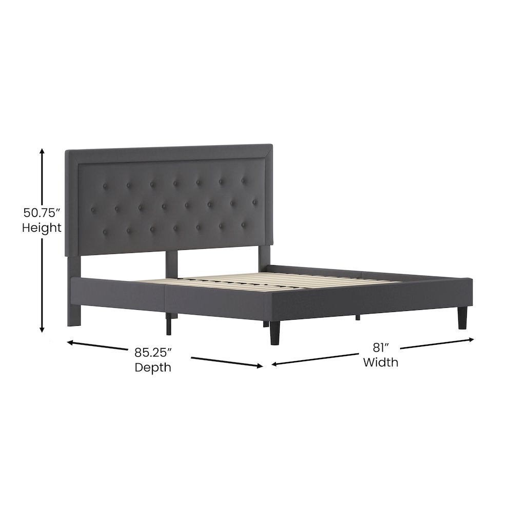 King Size Tufted Upholstered Platform Bed in Dark Gray Fabric. Picture 5