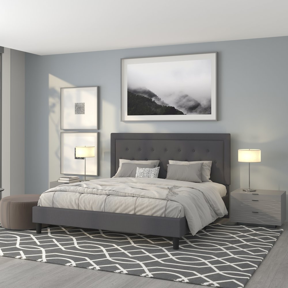 King Size Tufted Upholstered Platform Bed in Dark Gray Fabric. Picture 2