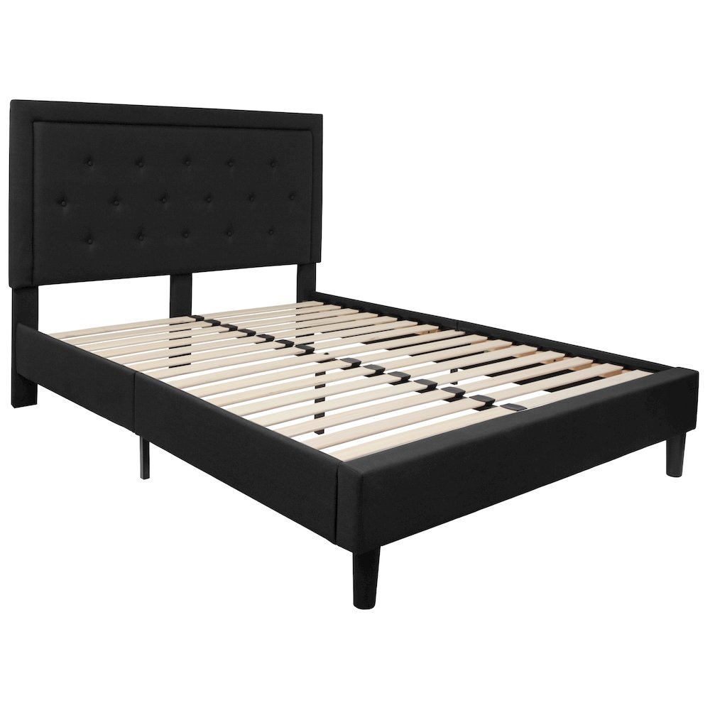 Queen Size Tufted Upholstered Platform Bed in Black Fabric. Picture 1