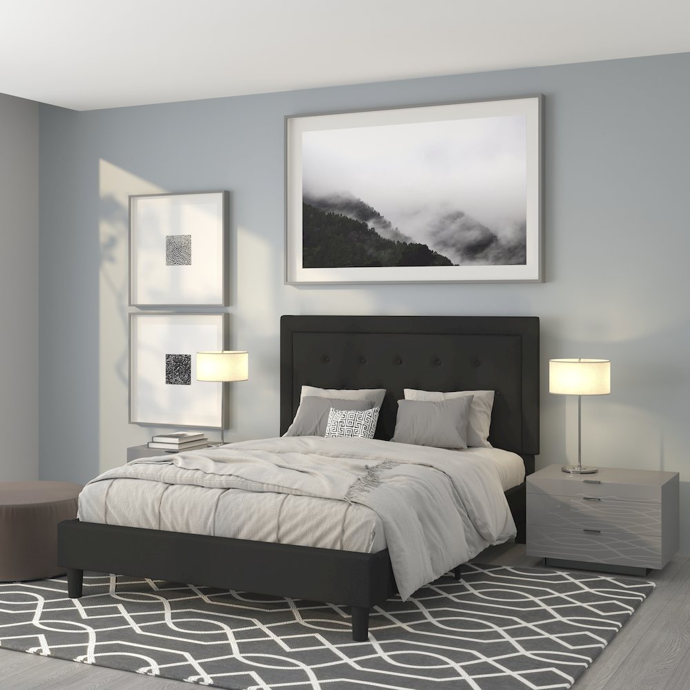 Queen Size Tufted Upholstered Platform Bed in Black Fabric. Picture 2