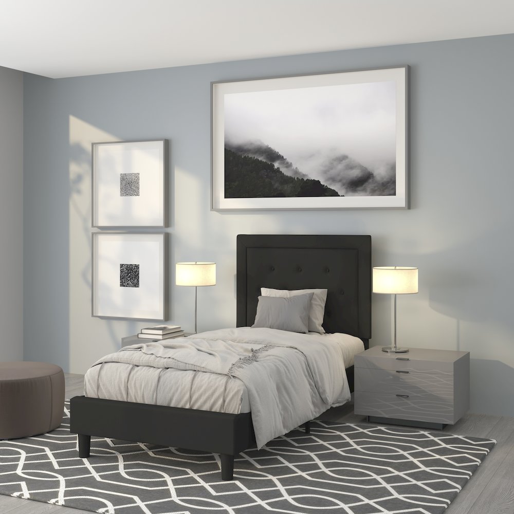 Twin Size Tufted Upholstered Platform Bed in Black Fabric. Picture 2