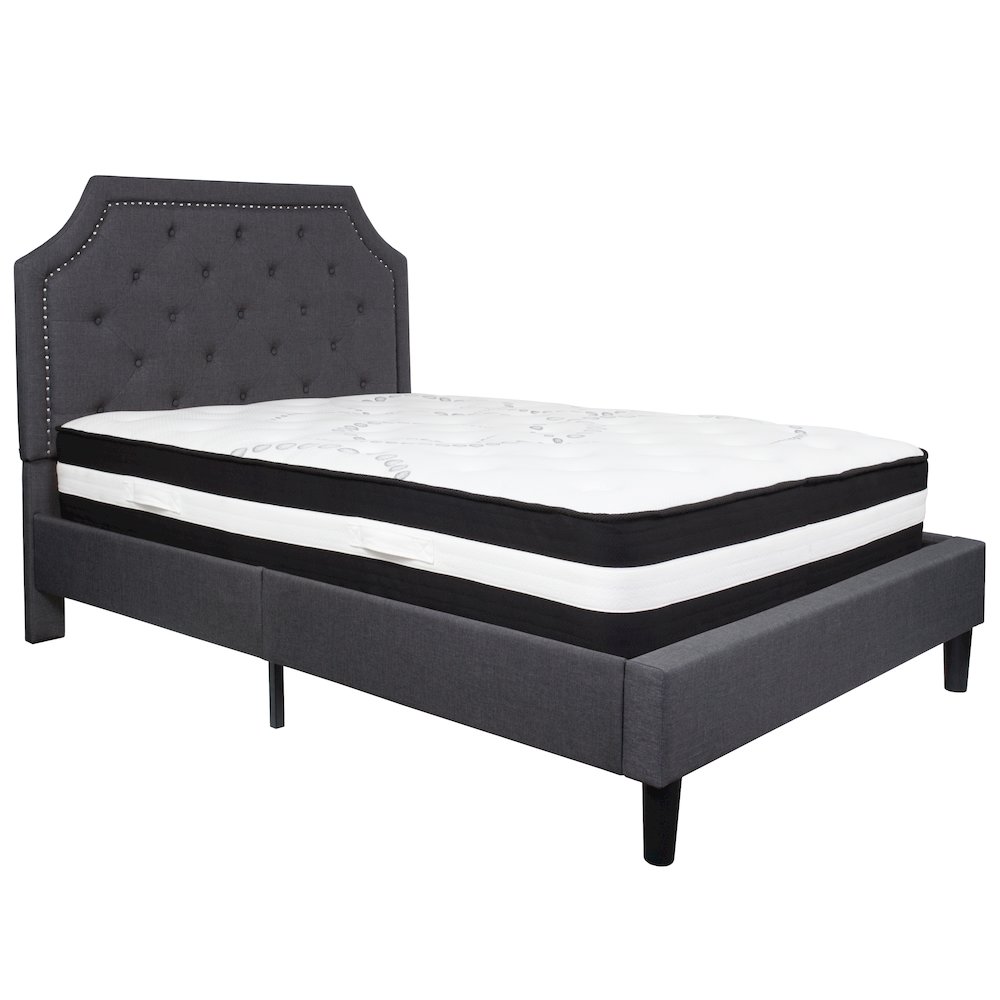 Full Size Platform Bed in Dark Gray Fabric with Pocket Spring Mattress. Picture 1