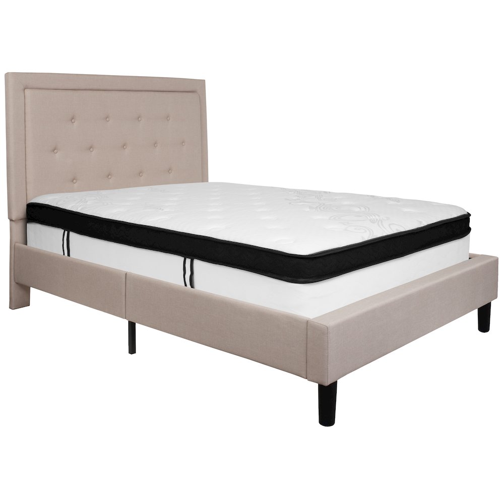 Full Size Platform Bed in Beige Fabric with Memory Foam Mattress. Picture 1