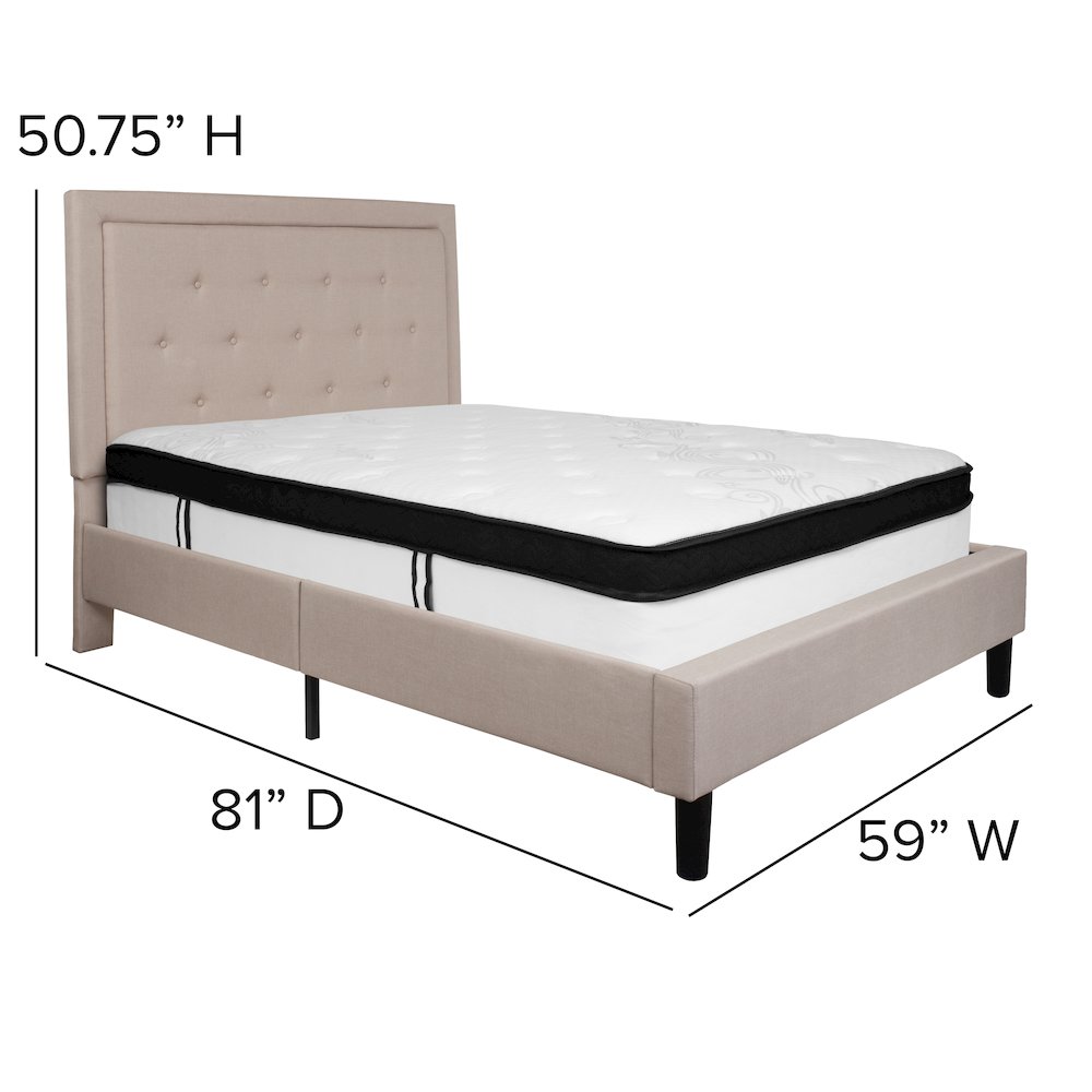 Full Size Platform Bed in Beige Fabric with Memory Foam Mattress. Picture 4
