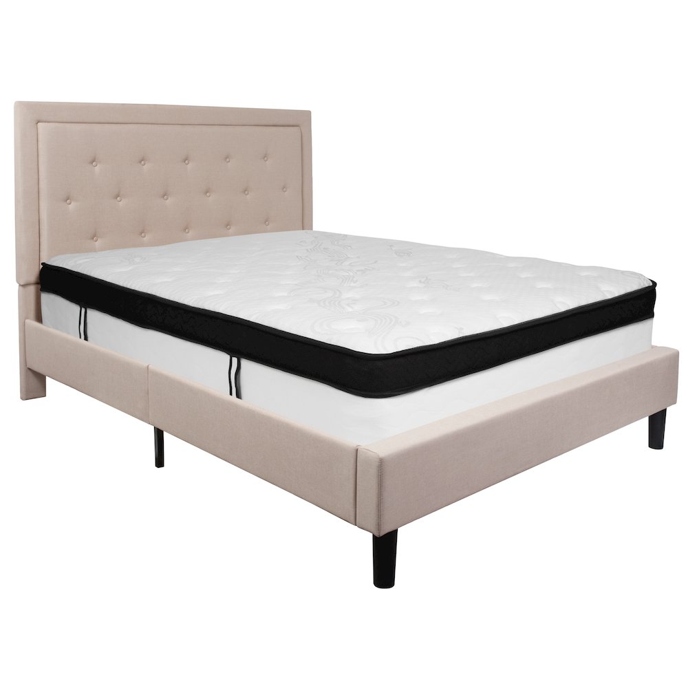Queen Size Panel Tufted Upholstered Platform Bed in Beige Fabric with Memory Foam Mattress. Picture 1
