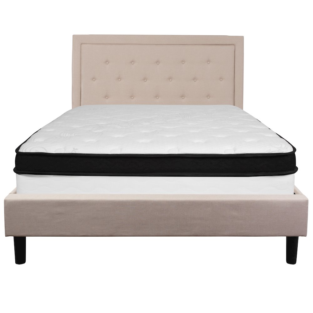 Queen Size Panel Tufted Upholstered Platform Bed in Beige Fabric with Memory Foam Mattress. Picture 3