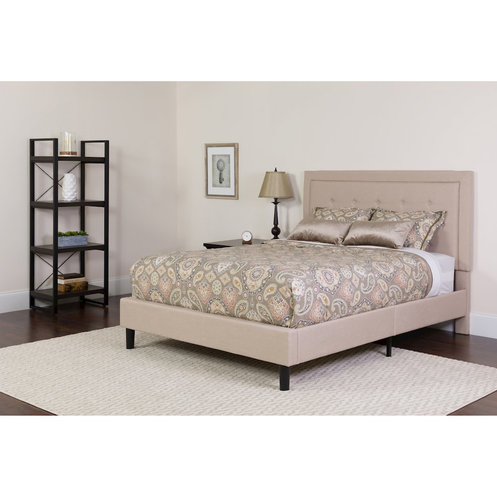 Queen Size Panel Tufted Upholstered Platform Bed in Beige Fabric with Memory Foam Mattress. Picture 4