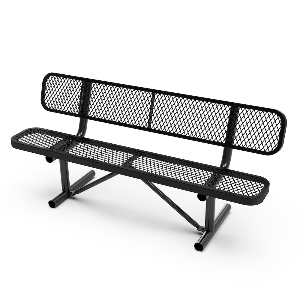 6' Commercial Grade Expanded Metal Bench with Backrest for up to 3 Adults, Black. Picture 1