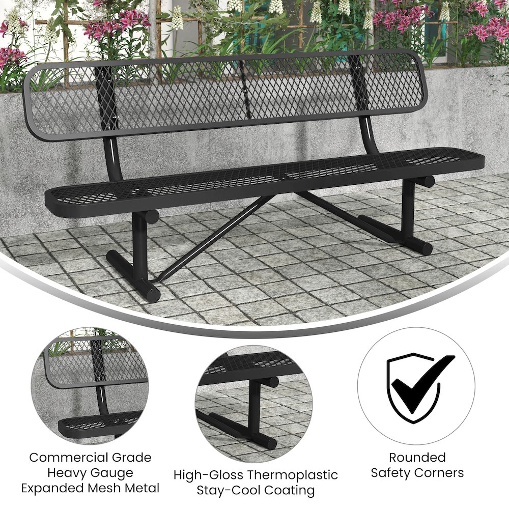 6' Commercial Grade Expanded Metal Bench with Backrest for up to 3 Adults, Black. Picture 4