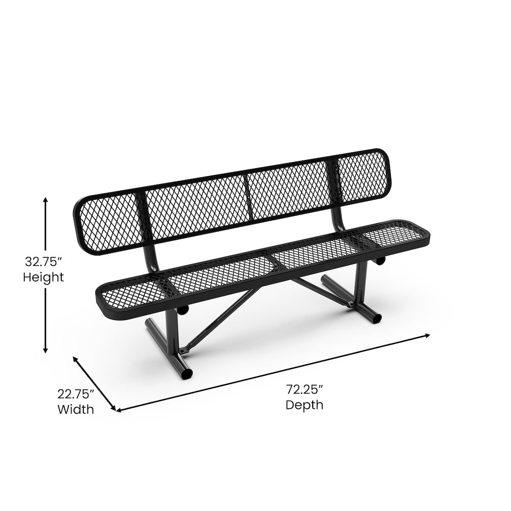 6' Commercial Grade Expanded Metal Bench with Backrest for up to 3 Adults, Black. Picture 5