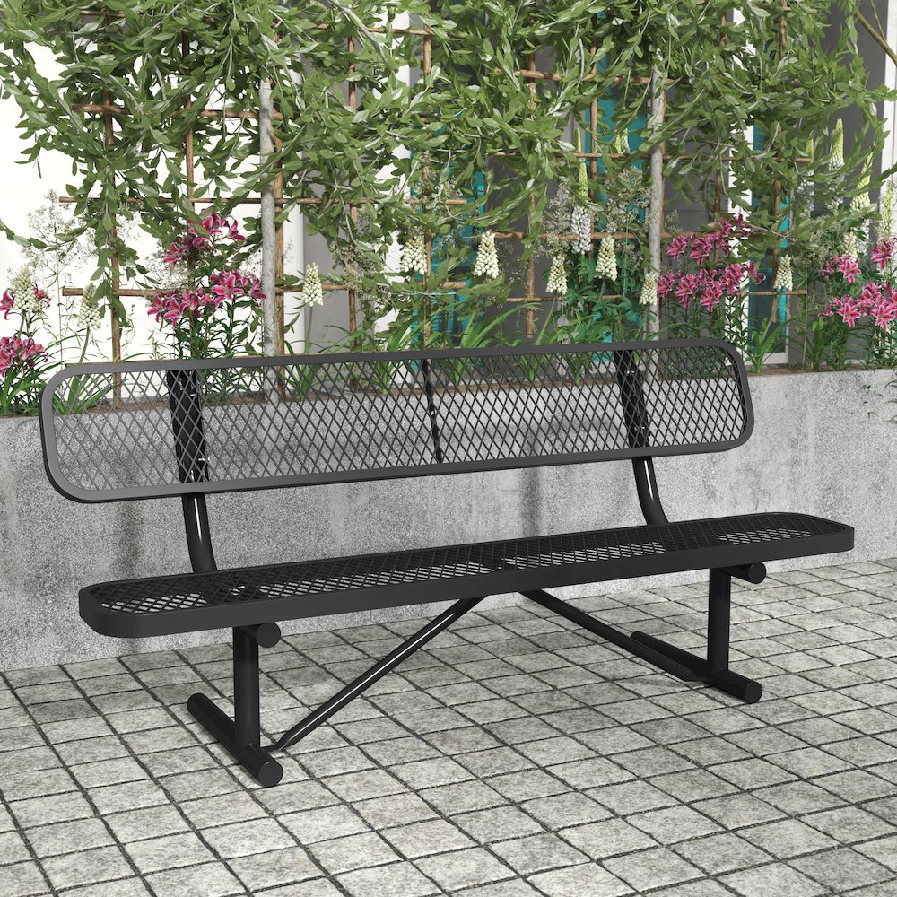 6' Commercial Grade Expanded Metal Bench with Backrest for up to 3 Adults, Black. Picture 3