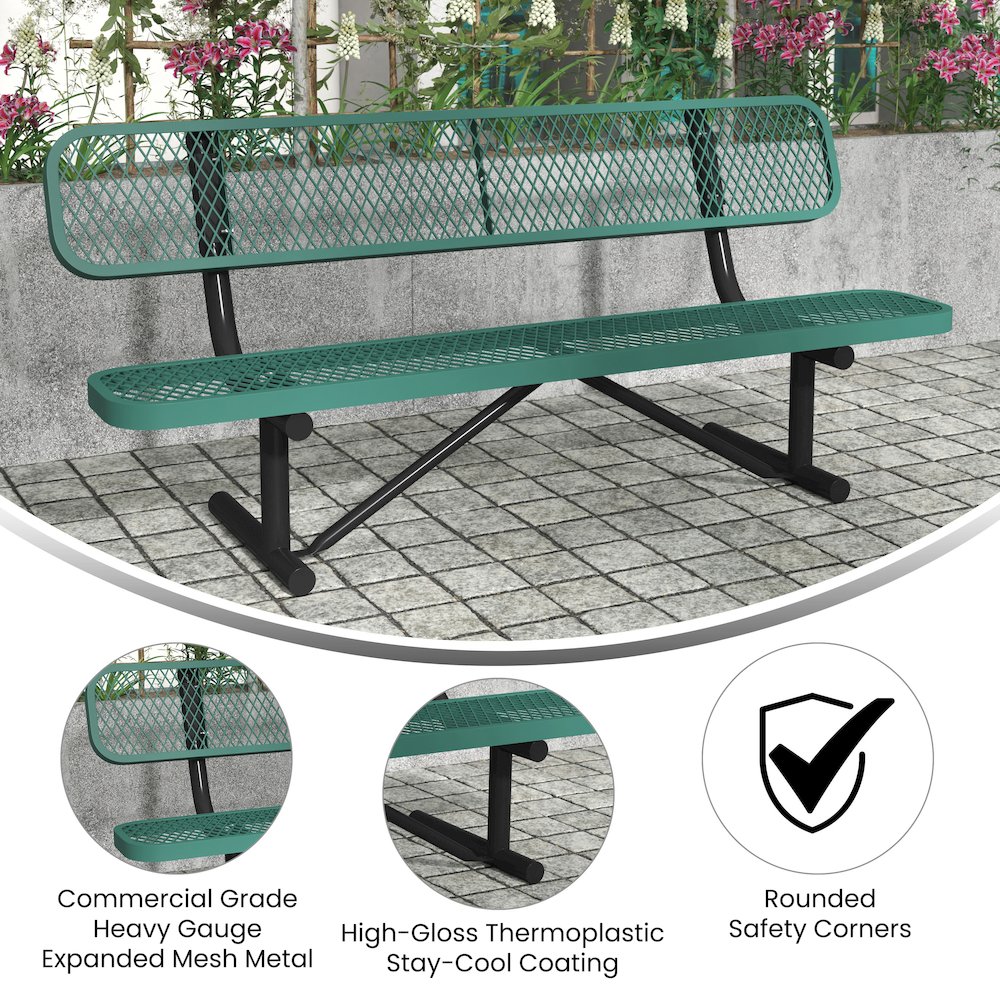 6' Commercial Grade Expanded Metal Bench with Backrest for up to 3 Adults, Green. Picture 4