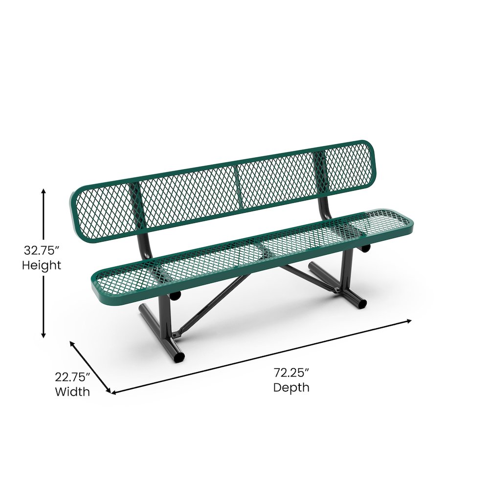 6' Commercial Grade Expanded Metal Bench with Backrest for up to 3 Adults, Green. Picture 5
